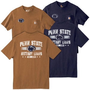brown and navy short sleeve Carhartt pocket t-shirts with Penn State graphics